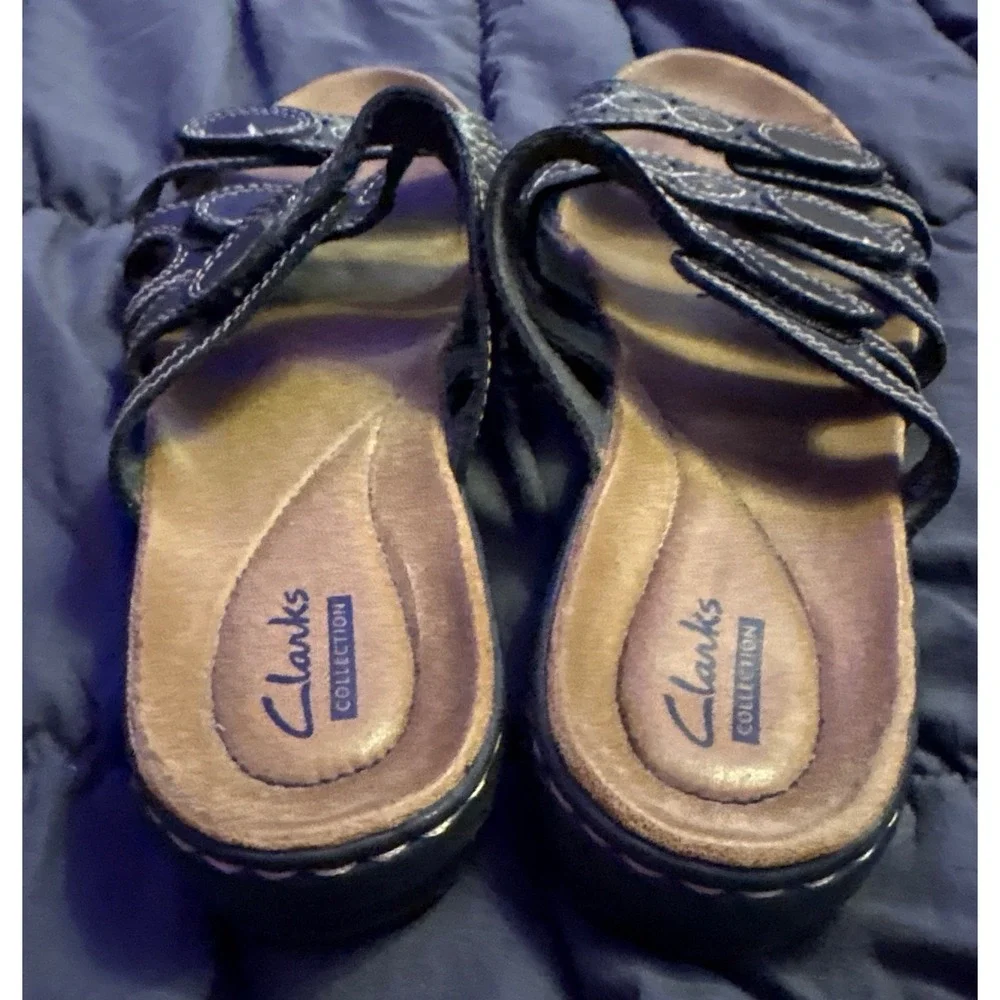 Clarks Collection Black Leather Multi Strap Slide Sandals Size 8 M